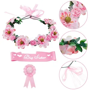 3Pcs Big Sister Accessory Set, Including Flower Wreath, Big Sister Satin Sash and Badge Pin