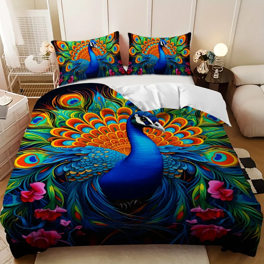 Bedding 3-piece set - 3PCS,Spring Happy Blue Peacock Floral Design Down Comforter Set (1 comforter cover + 2 pillowcases, filling not included) - soft and comfortable, suitable for family bedrooms.