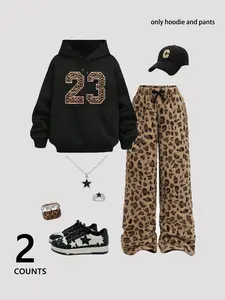 Women's Leopard Print Sweatshirt Set, Casual Fitted Design, Comfortable All-Season, Versatile Daily Wear, Trendy Style