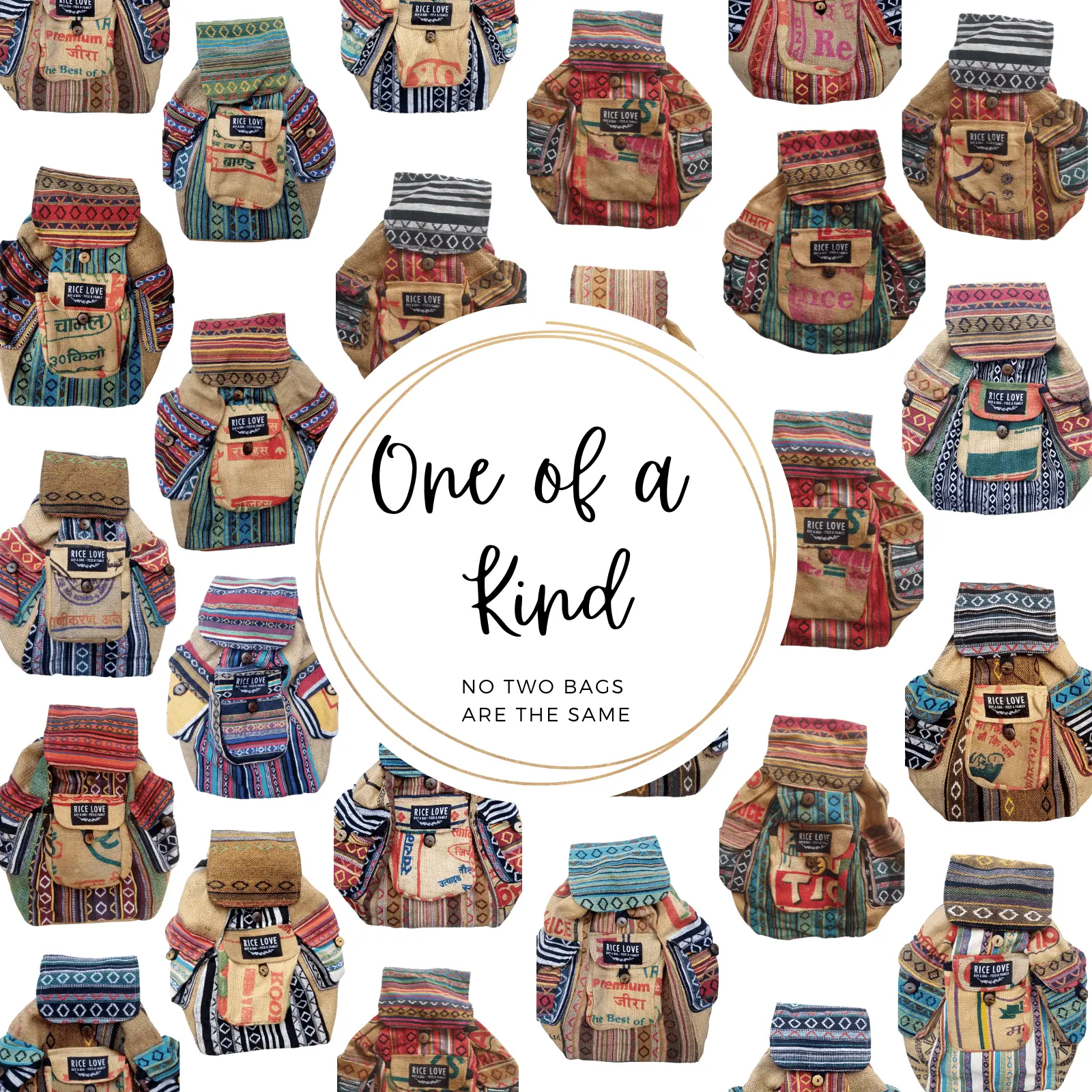 Rice Love Fair Trade Handmade Casual Backpack - Recycled Bag & Eco-Friendly Cotton Material, Cotton Colors, Biodegradable, Donates 1kg Grain to Needy Family, Ethically Made, Uniqueness
