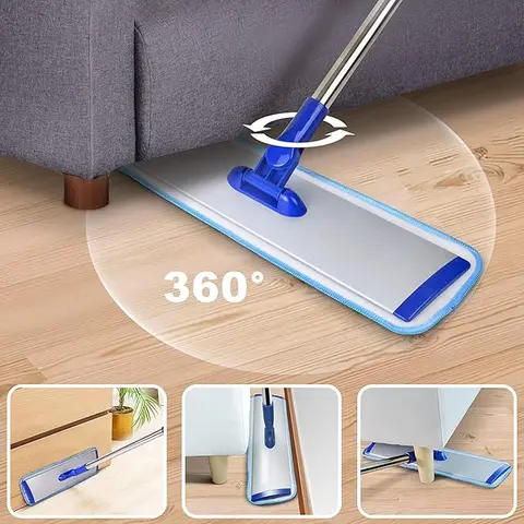 16.5'' Microfiber Mop for Floor Cleaning-Blue Flat Floor Mop with 58'' Stainless Steel Handle- 4 Reusable Washable Replacement Pads-Wet & Dry Use for Hardwood Tile Wall-Home Kitchen Bathroom TT250004
