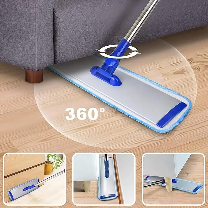 16.5'' Microfiber Mop for Floor Cleaning-Blue Flat Floor Mop with 58'' Stainless Steel Handle- 4 Reusable Washable Replacement Pads-Wet & Dry Use for Hardwood Tile Wall-Home Kitchen Bathroom TT250004