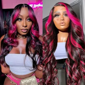 Highlight Ombre Lace Front Wig Human Hair 13x6 Body Wave 1B/Pink Colored Lace Front Wig Human Hair Pre Plucked With Baby Hair Black And Pink Wig Human Hair 200% Density 34 Inch Skunk Stripe Wig