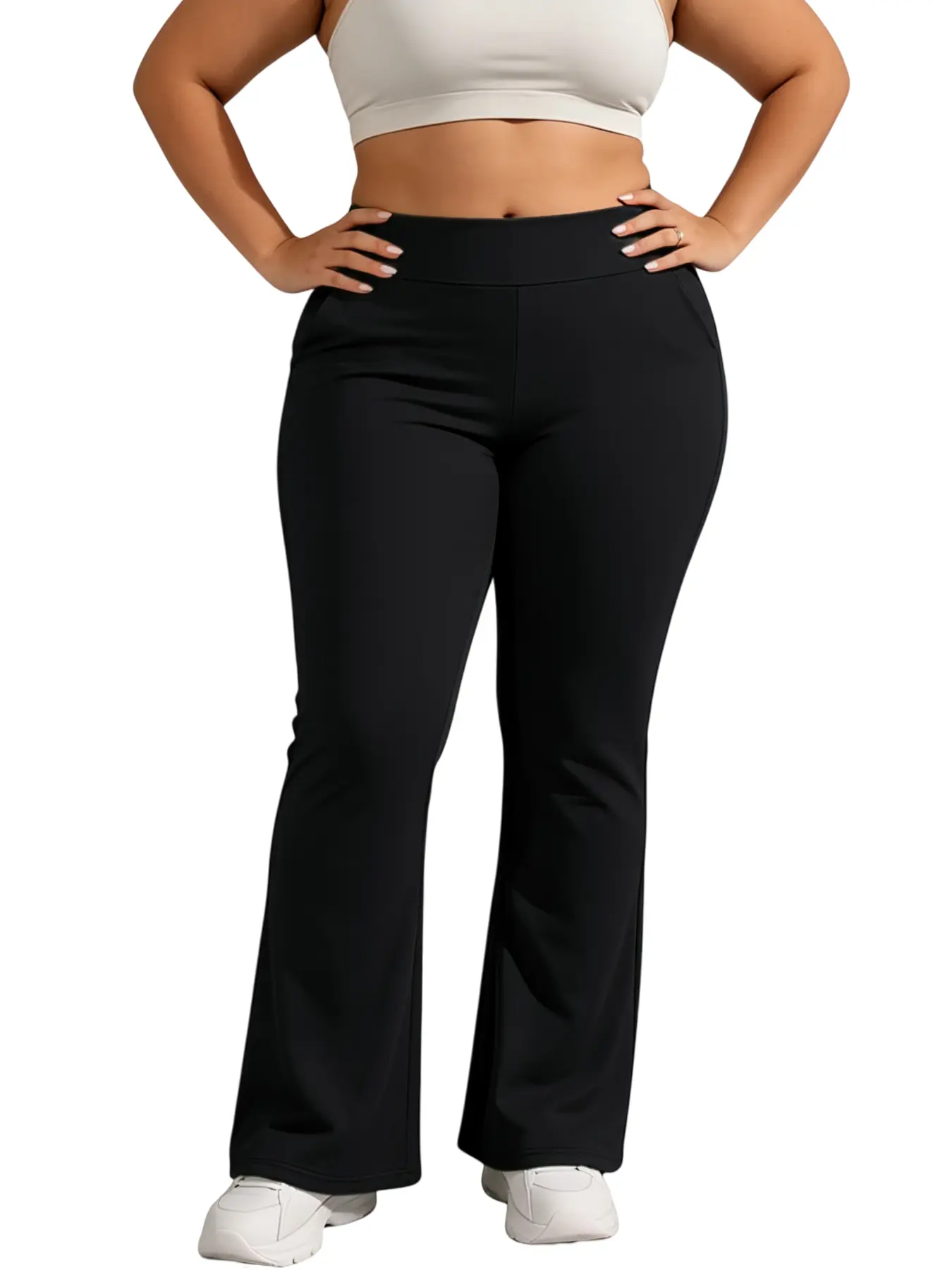 Women's High Waist Solid Black Flared Leggings with Side Pockets, Buttery Soft Yoga Pants for Fitness, Gym Training, Hiking, Lounge, Everyday Casual Wear Activewear