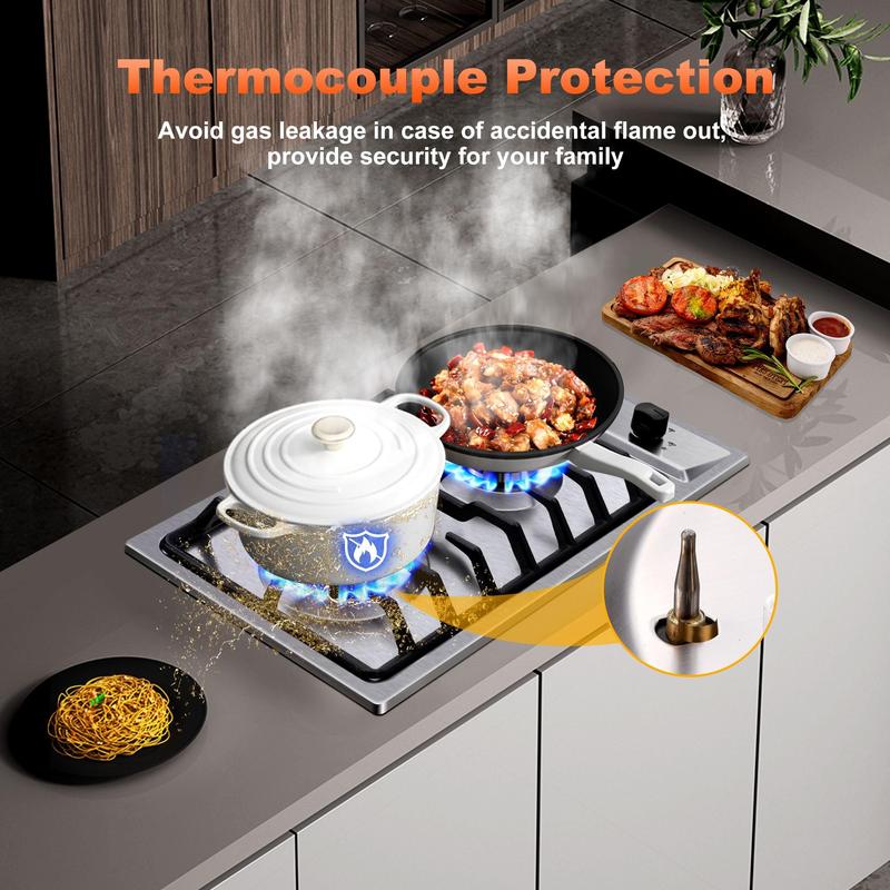 12 Inch Drop-In 2 Burner Gas Cooktop Stainless Steel NG LPG Convertible Propane Range RV Stove Built-In Cooktop GH001-122S-J