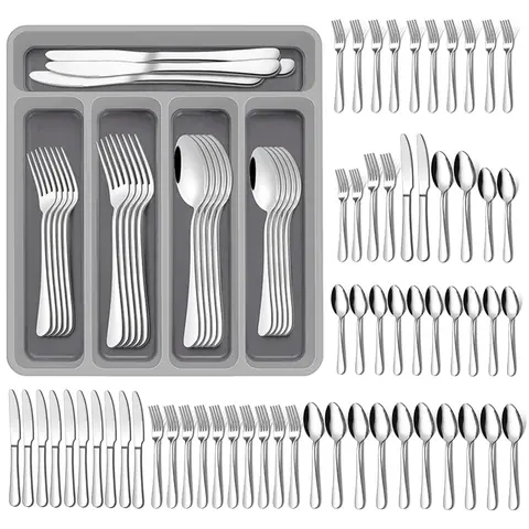 60-Piece Sturdy Stainless Steel Cutlery Set with Plastic Organizer Tray - 12-User Tableware & Dinnerware Set, Dishwasher Safe Kitchen Utensils for Home