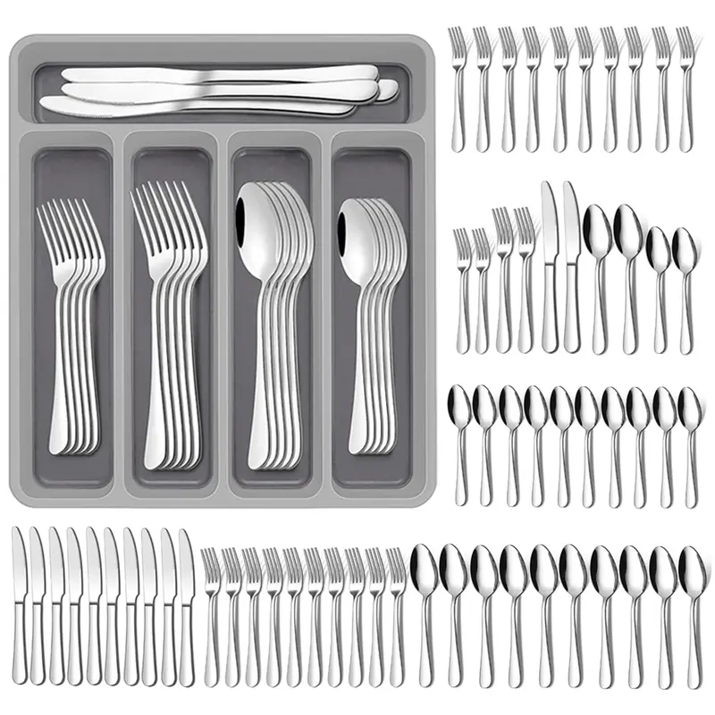 60-Piece Sturdy Stainless Steel Cutlery Set with Plastic Organizer Tray - 12-User Tableware & Dinnerware Set, Dishwasher Safe Kitchen Utensils for Home