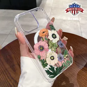 Magnetic Phone Case for iPhone 16 15 14 Pro Max 13 12 11 XR XS Plus E Charming Floral Composition Pattern Acrylic Back Silicone Edges Scratch-resistant Skin-friendly Feel Cover