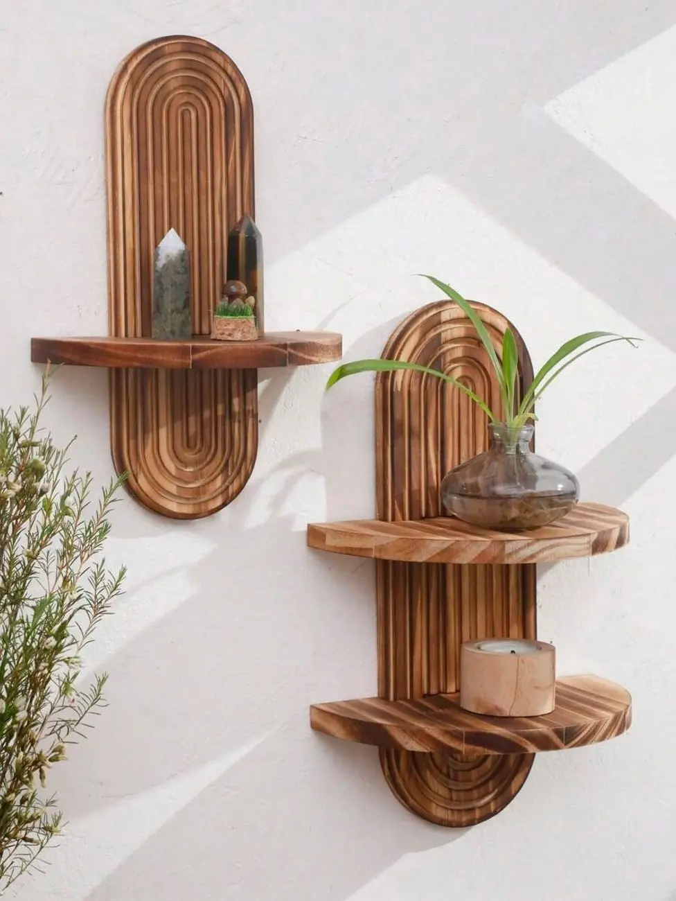 Wooden Floating Wall Shelf, Arc Design Multi-Tier Display Rack, Minimalist Natural Wood Storage Organizer for Living Room, Bedroom, Nursery, Bathroom, Entryway, Boho Home Decor & Small Spaces