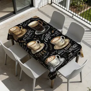 1pc Coffee Cups and Words Round/Rectangular Tablecloth - Durable & Easy to Clean, Fits Square Table Weddings, Birthday Celebrations, Farmhouse Kitchens, Restaurant Accessories & Holiday Parties