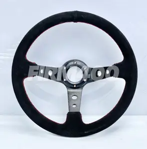 350mm Black Suede Deep Dish Style Black Aluminum Center Steering Wheel with Red Stitching