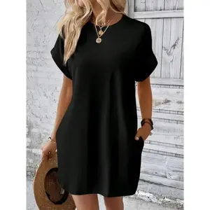 Sherry SHOP.  Solid Batwing Sleeve Hidden Pocket Tee Dress