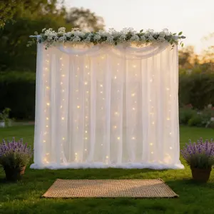 2 Panels 5x10ft White Soft Tulle Chiffon Backdrop with Lights, Flowing Sheer Drapes for Wedding Reception, Baby Shower, Birthday, Sparkling Wall Decor