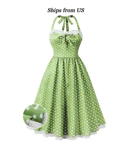 Women's Vintage Polka Audrey Dress 1950s Halter Retro Cocktail Party Lace Dress Apple Green Dot Print Bohemian Beach Skirt Size S - XXL Boho