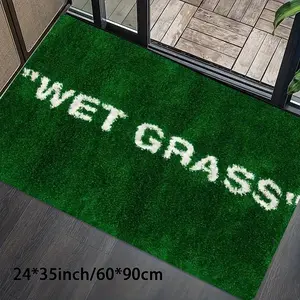 Machine-washable area rug, Home Decorative Rugs, soft and comfortable Deep green base with white raised lettering print "WET GRASS" for living room, bedroom, dining room; furniture decor aesthetic, non-slip rubber backing