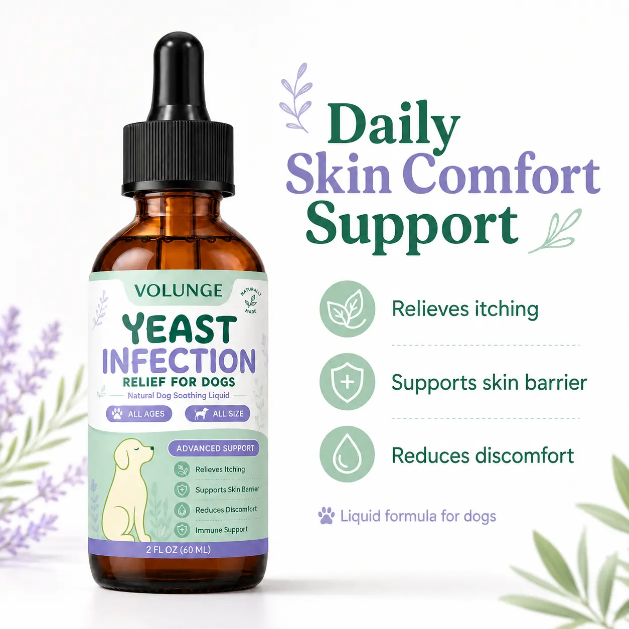 Dog Skin & Coat Support Liquid Supplement, Daily Itch Comfort Care Formula, Soothing Herbal Blend for Dogs of All Ages, 60ml