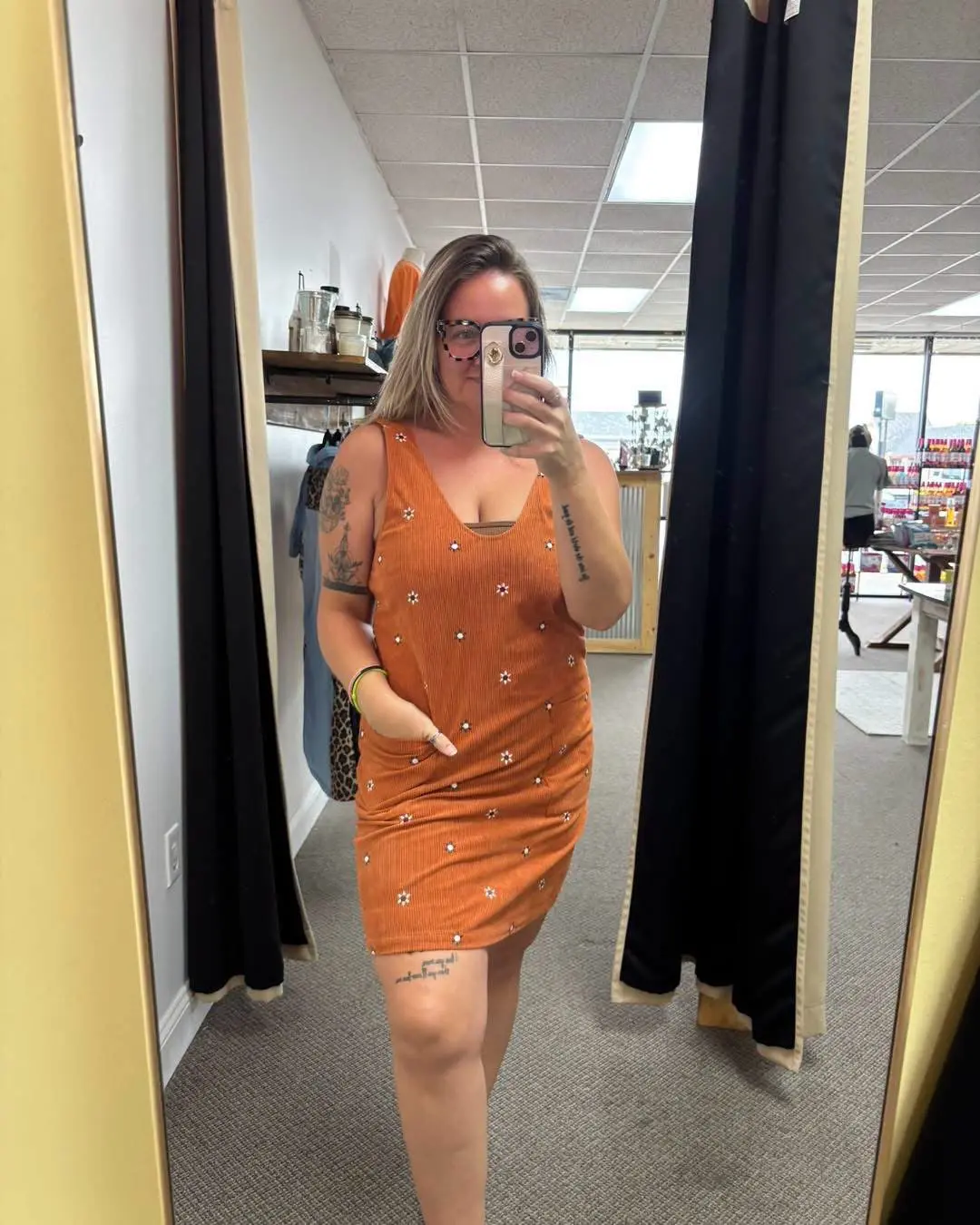 Gold Flame Flower Embroidered Corduroy Overall Mini Dress