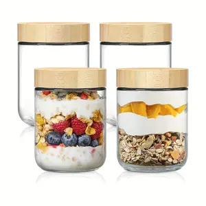 4-Piece Bamboo Lid Oatmeal Containers, Glass Jars with Sealed Lids, Wide Mouth Mason Salad Jars, Yogurt Chia Seeds Snacks Spice Sugar Food Storage, Healthy Eating Containers