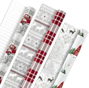 Holiday Wrapping Paper Rolls - Rustic Christmas Gift Wrap Paper (Set of 3 Reversible Rolls: 120 sq. ft. ttl.) Plaid, Barn, Red Truck, Moose, Woodland Scenes