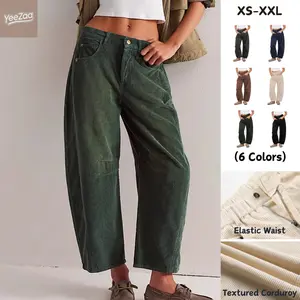 Corduroy Barrel Pants for Women Cord Pants Mid-Rise Wide Leg Baggy Trousers with Pockets Vintage Style Fall Winter 2026 Spring Summer Loose Fit Pant