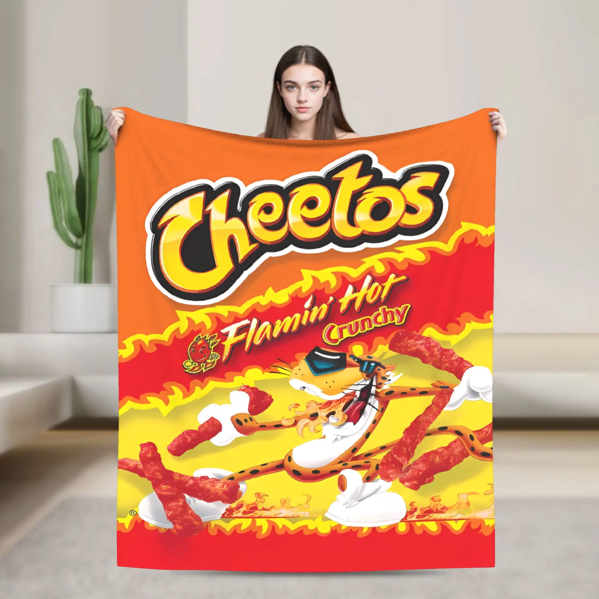 Cheetos Pattern Flannel Blanket, 1 Count Multifunctional Throw Blanket with Storage Bag, Warm Napping Blanket for Home Office Travel Multiple Sizes