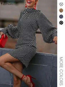 Women's Polka Dot Print Bishop Sleeve Dress, Elegant Long Sleeve Stand Collar Short Dress for Party Holiday Wedding Guest, Ladies Fall & Winter Clothes
