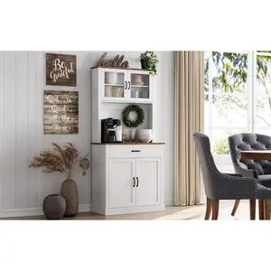 71” Kitchen Pantry Storage Cabinet with Microwave Stand, Freestanding Tall Kitchen Cabinet with Glass Doors and Adjustable Shelves, Coffee Bar Cabinet for Kitchen, Dining Room