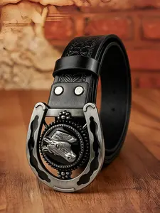 Fashionable engraved belts for both men and women, featuring a "U-shaped horse head" design with alloy material and western buckle. The perfect accessory belt for western cowboys, 1.46in/3.7cm wide full-body engraved trendy belt, Halloween accessory belt.