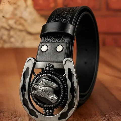 Engraved belts for both men and women, Cowboy cowgirl belt, featuring a "U-shaped horse head" design with alloy material and western buckle, the accessory belt for western cowboys, 1.46in/3.7cm wide full-body engraved belt, Halloween accessory belt