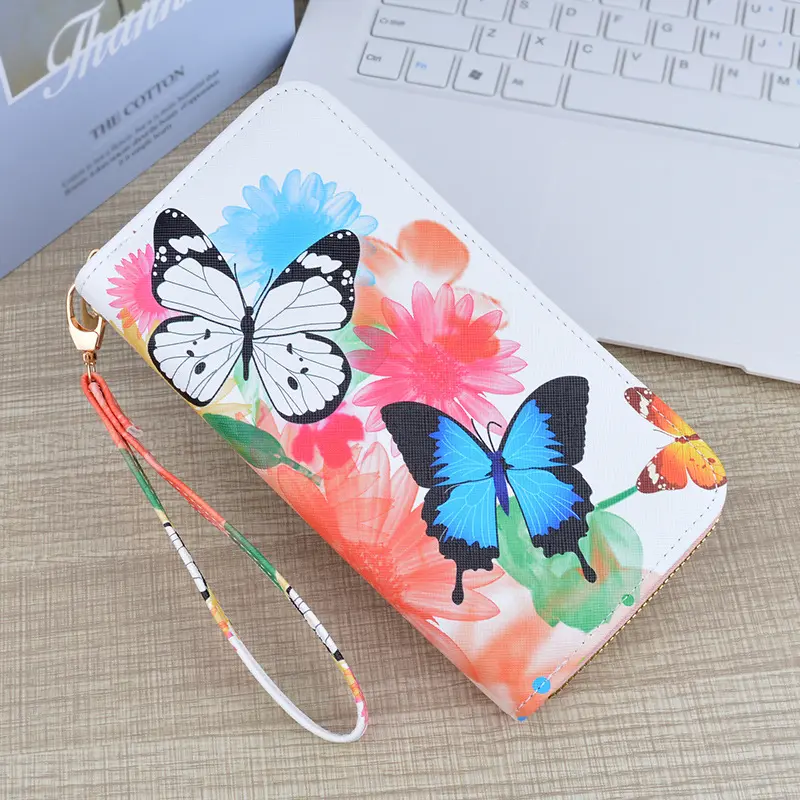 W21-Women Art Print Long Wallet Single Zipper Wristlet Clutch Purse Cross Grain Large Capacity Card Coin Phone Purse Ladies Student Hand Bag