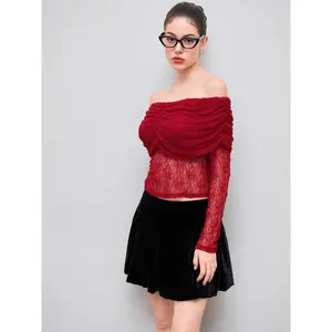 Cider Lace Off-shoulder See-through Long Sleeve Top Dealsforyou