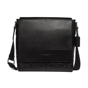 Coach Houston 28 Embossed Leather Messenger Crossbody Bag for Men in Black