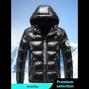 Men's Letter Print Pocket Zipper Hooded Down Jacket, Regular Fit Casual Long Sleeve Thermal Outerwear for Fall & Winter, Men's Clothes for Daily Wear Coats Menswear Tops Wetsuit