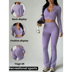 3pcs Women Seamless Ribbed Sports Set, Long Sleeve Shawl Collar Top, High Waist Tight Leggings Athletic Active Gym Three Pieces Set Workout Legging Tights Three Pieces Set Women Gym Set