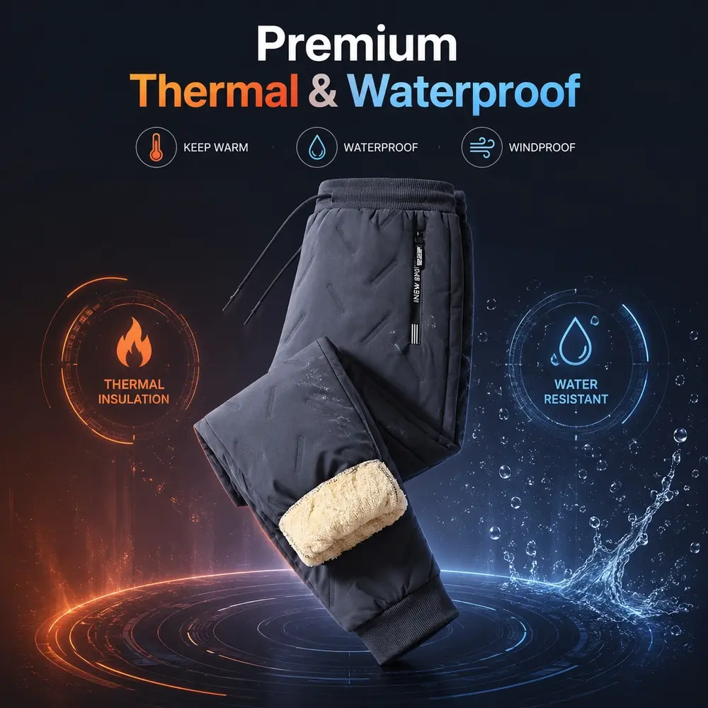 Men's Thermal Hiking Snowpants Fleece-Lined Waterproof Cotton Pants for Cold Weather