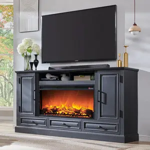 [Limited time deal]BM-CZW  Fireplace TV Stand for 80 Inch TV, 35.7" Tall Farmhouse Entertainment Center W/36'' Electric Fireplace, Media Console with Large Storage Cabinets and Drawers for Living Room, Black
