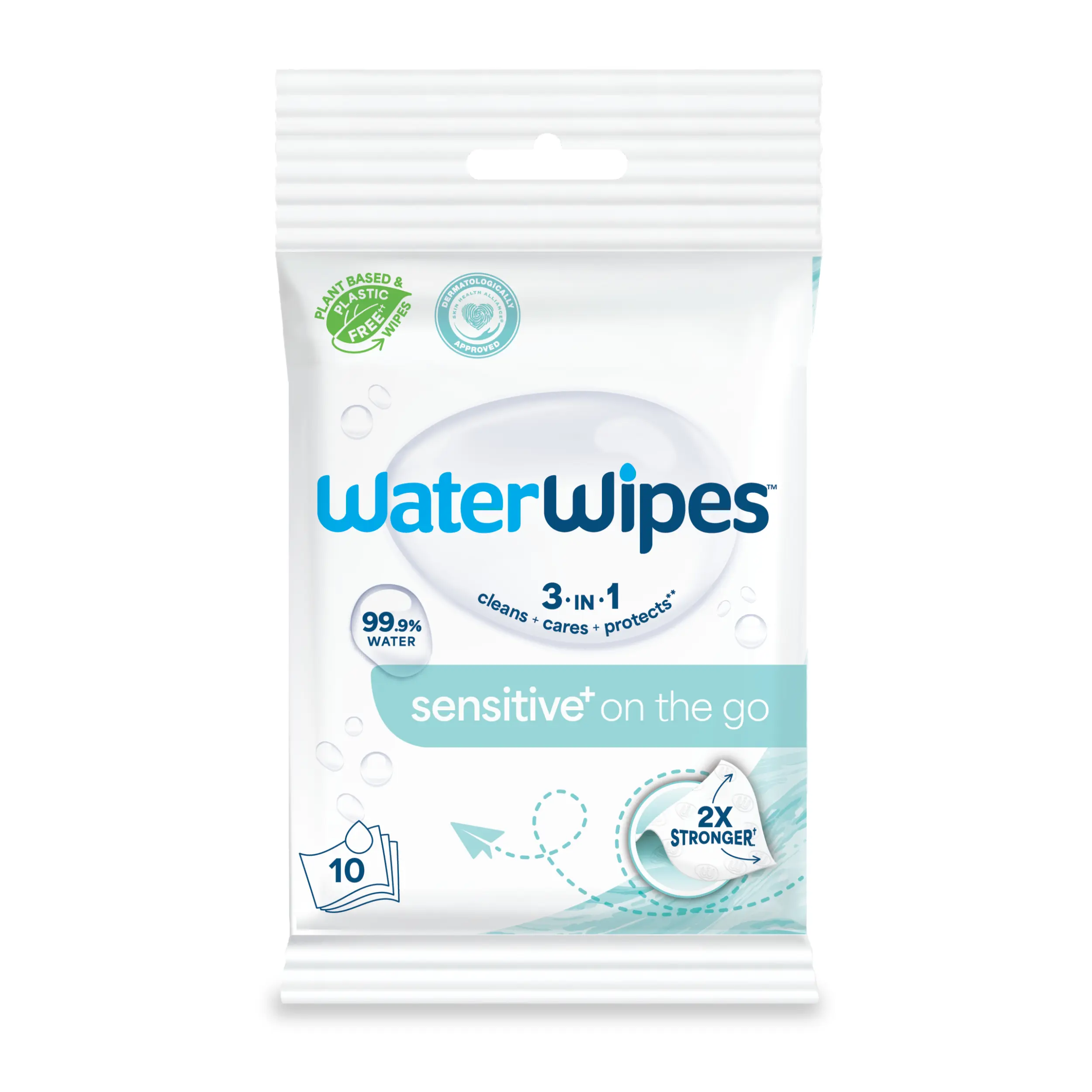 WaterWipes Sensitive+ On The Go Wipes, 3-In-1 Cleans, Cares, Protects, 99.9% Water, Unscented & Hypoallergenic Wet Wipes, 10 Count