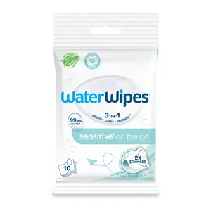 WaterWipes Sensitive+ On The Go Wipes, 3-In-1 Cleans, Cares, Protects, 99.9% Water, Unscented & Hypoallergenic Wet Wipes, 10 Count