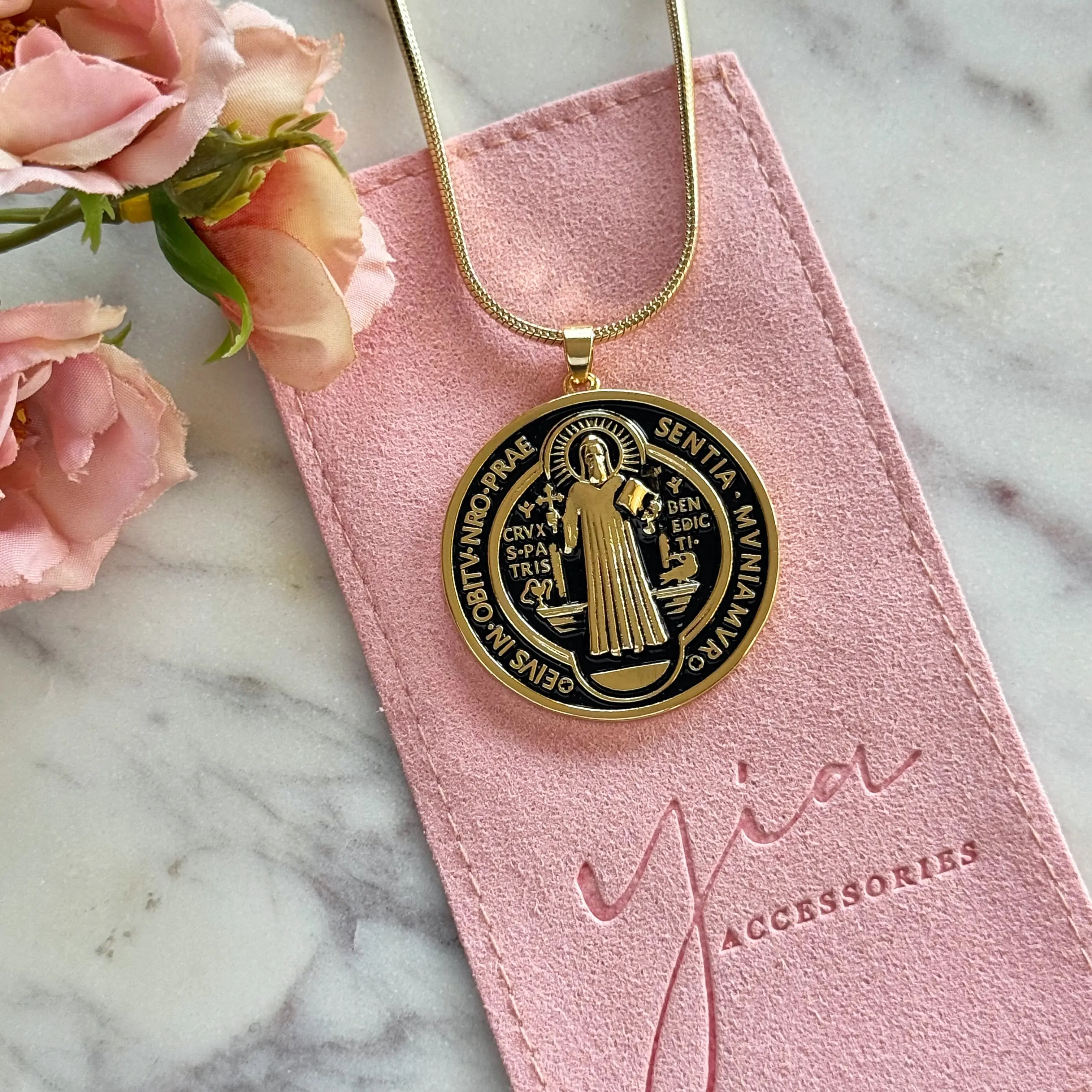 Saint Benedict Medallion Necklace, Gold Filled Coin-Style Amulet Pendant with an Adjustable 19.5 to 21.5 Inch Chain