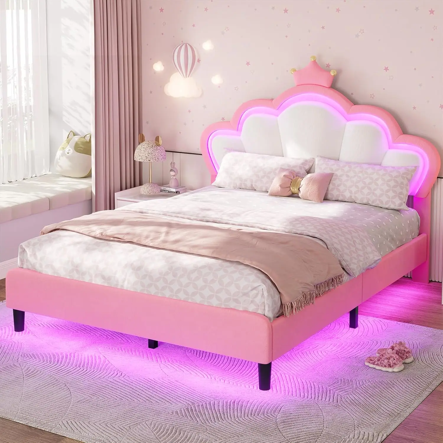 ADORNEVE Full Bed Frame with LED Lights, Princess Bed with Adjustable Chic Double Shell Headboard, Full Girl Bed Velvet Upholstered Platform Bed with Princess Crown, Solid Wood Slats Support,dorm essentials,home decor