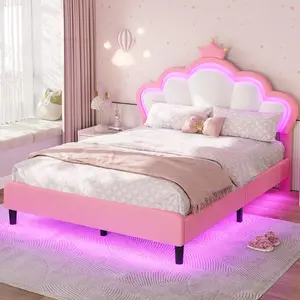 ADORNEVE Full Bed Frame with LED Lights, Princess Bed with Adjustable Chic Double Shell Headboard, Full Girl Bed Velvet Upholstered Platform Bed with Princess Crown, Solid Wood Slats Support