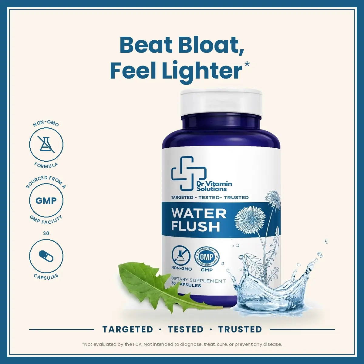 Diuretic Water Pills for Bloating & Water Retention – 30 Ct | Dandelion 225 mg + Potassium | Debloat & Puffiness Relief for Swollen Legs, Feet & Ankles | Non-GMO Herbal Water Flush – Dr. Vitamin Solutions