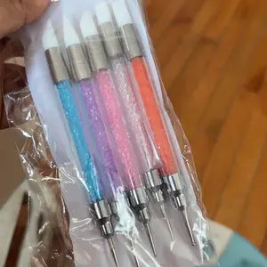 Dual-Heads Silicone Nail Art Sculpture Pen, 5 Counts Dual Tip Nail Art Dotting Pen with Rhinestone Acrylic Handle, Reusable Nail Art Design Tools for Salon Home DIY