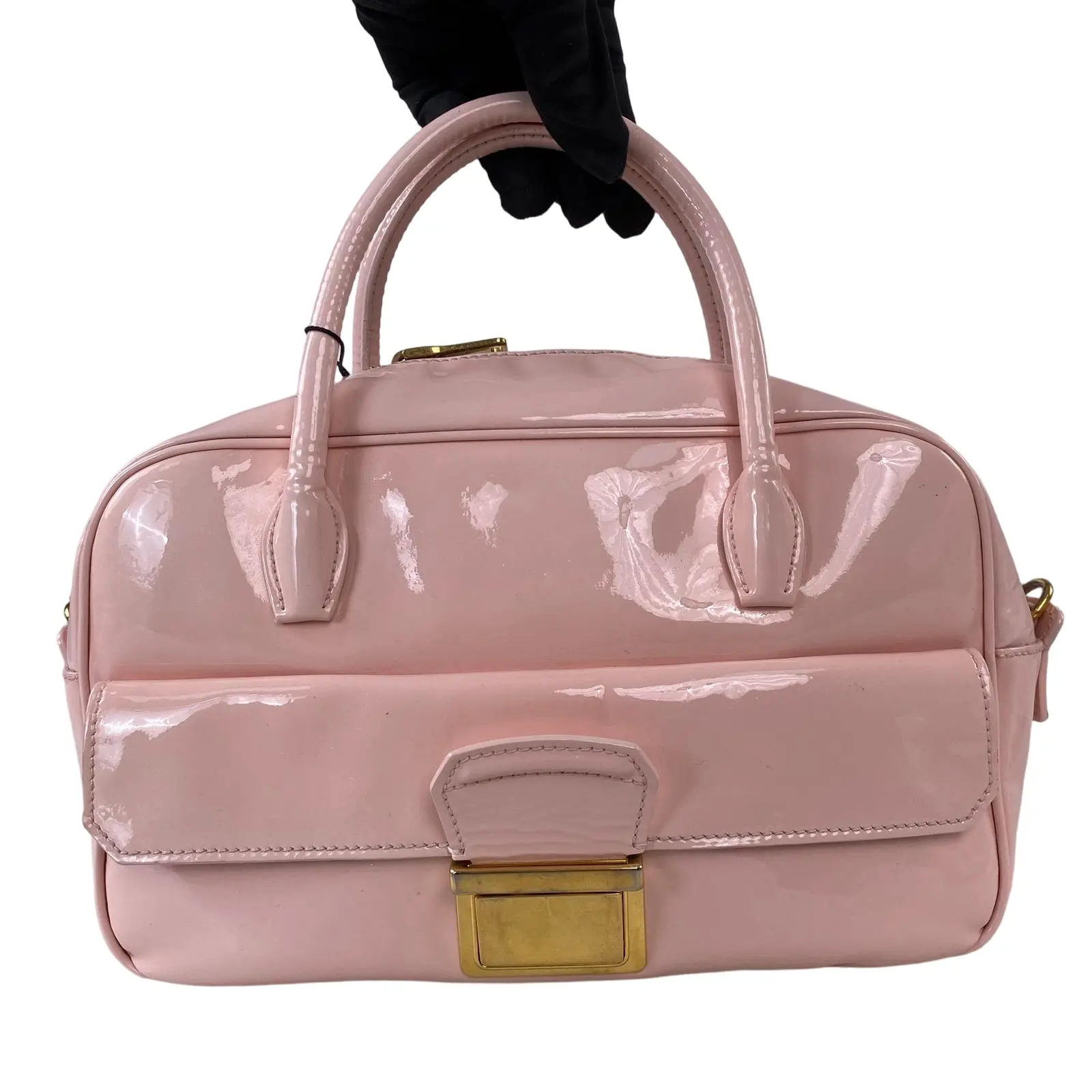 Pre-owned miu miu leather Shoulder Bags Pink Patent Top Handle Satchel with bag charm