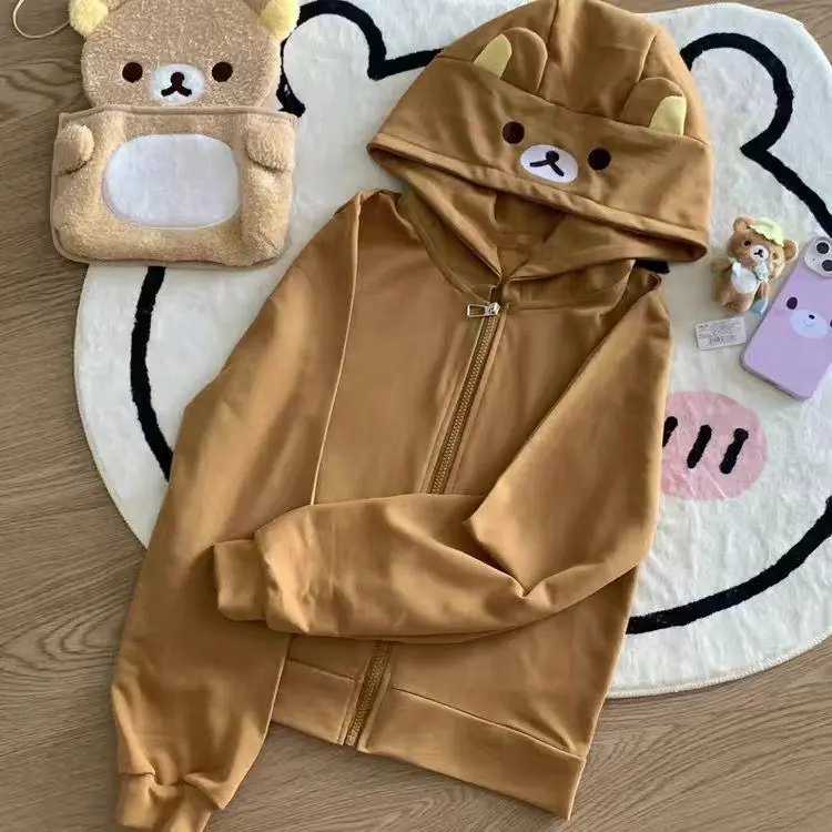 Spring Summer New Cute Bear Ears Zip Up Hoodie Japanese Sweet Girl Casual Loose Sweatshirt Women Cardigan Anime Hoodie Top