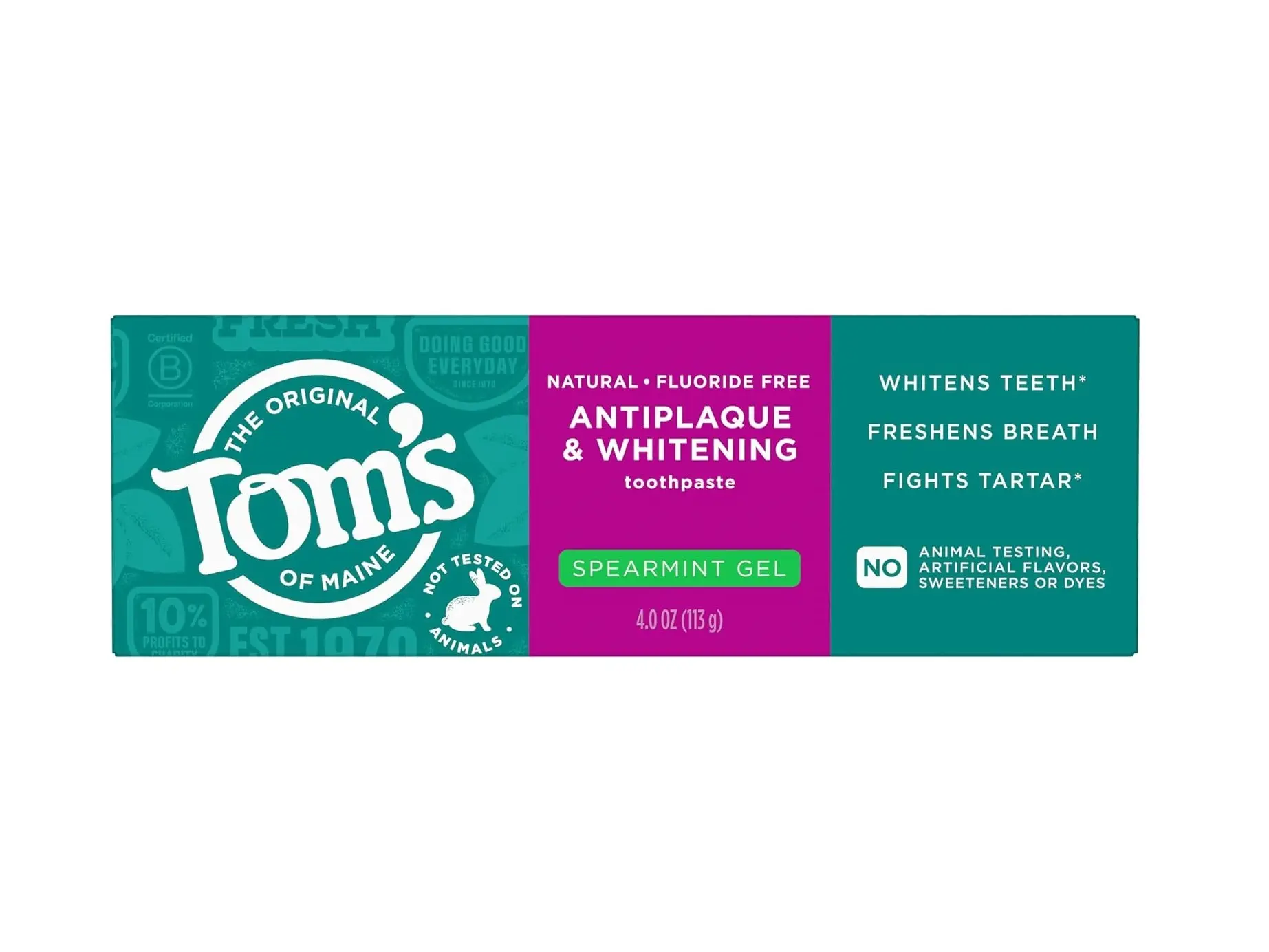 Tom's of Maine Antiplaque and Whitening Toothpaste Gel, Spearmint, 4 oz | Fluoride Free, Freshens Breath, Fights Tartar Buildup, Vegan, No Animal Testing, No Artificial Colors or Flavors