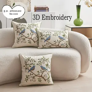 Spring Summer Colorful Bird Flower 3D Embroidery Pillow Cover, Home Decor for Living Room Bedroom Sofa, 1 Piece
