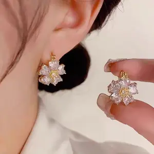 Double-sided cat's eye stone earrings, zircon flower ear clasps, DDES0184 high-end light luxury vintage niche design, elegant earrings 14K Gold-Plated