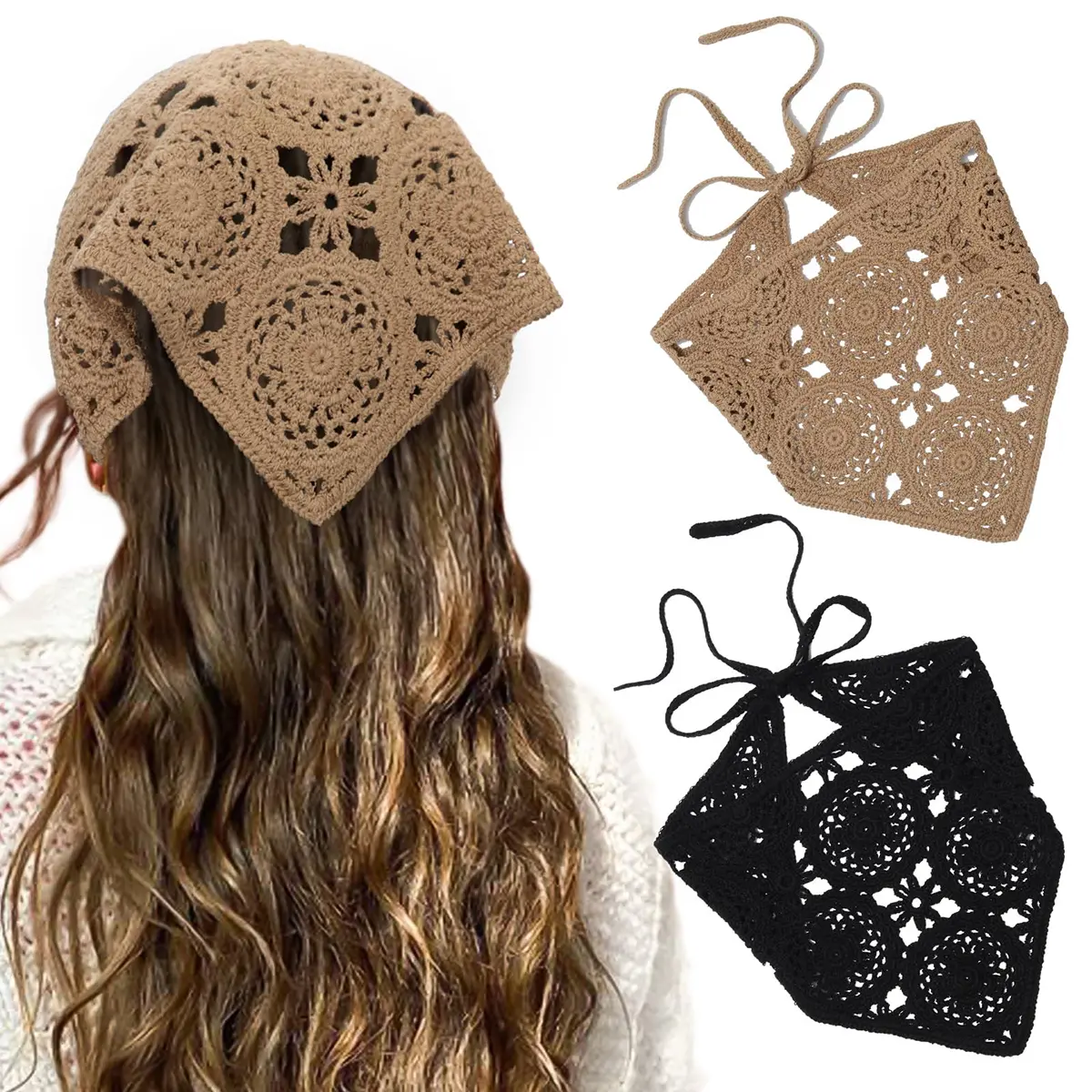 AWAYTR Hair Bandana 2 Pack for Women, Vintage Floral Crochet Scarf Head Wrap, Lightweight Adjustable Cotton Kerchief for Birthday Engagement Gift, Female, Elegant, Bandana Style, Hand Wash, Parties, Breathable Bandana, Hairwraps