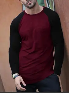Men's Contrast Color Raglan Tee, Waffle Textured Classic Long Sleeve Top, Soft Breathable Crew Neck Shirt for Casual & Daily Wear